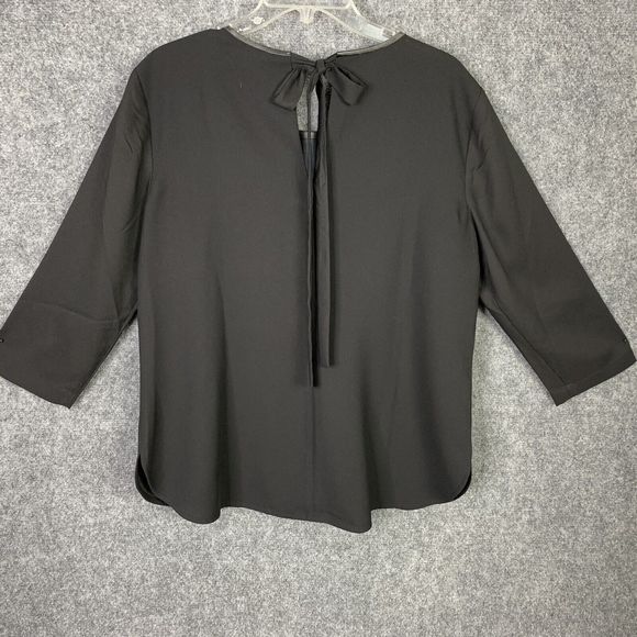 Ann Taylor Black Top 3/4 Sleeve Front Leather Panel Women M Keyhole & Tie Back - Picture 7 of 10